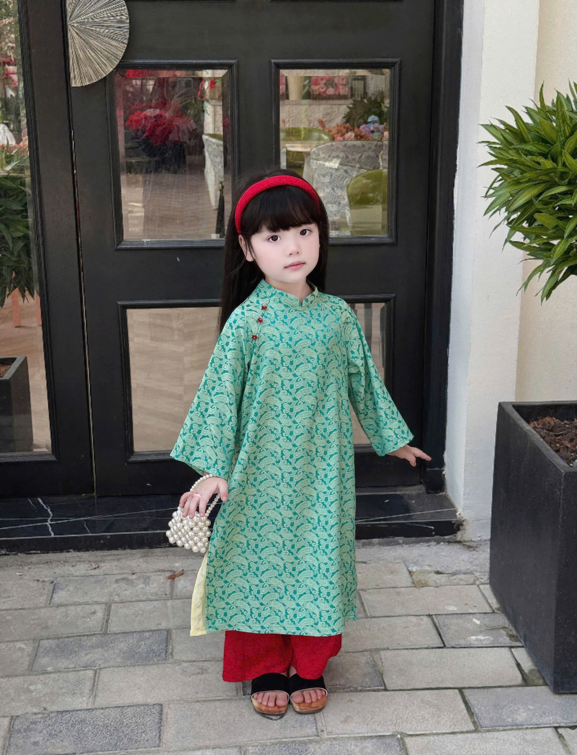Imperial Bloom 4-Flap Áo Dài – Jade Ruby (6 Months–18 Months) | Silk Brocade Vietnamese Traditional Outfit | Lunar New Year Wear | Optional Matching Red Headband