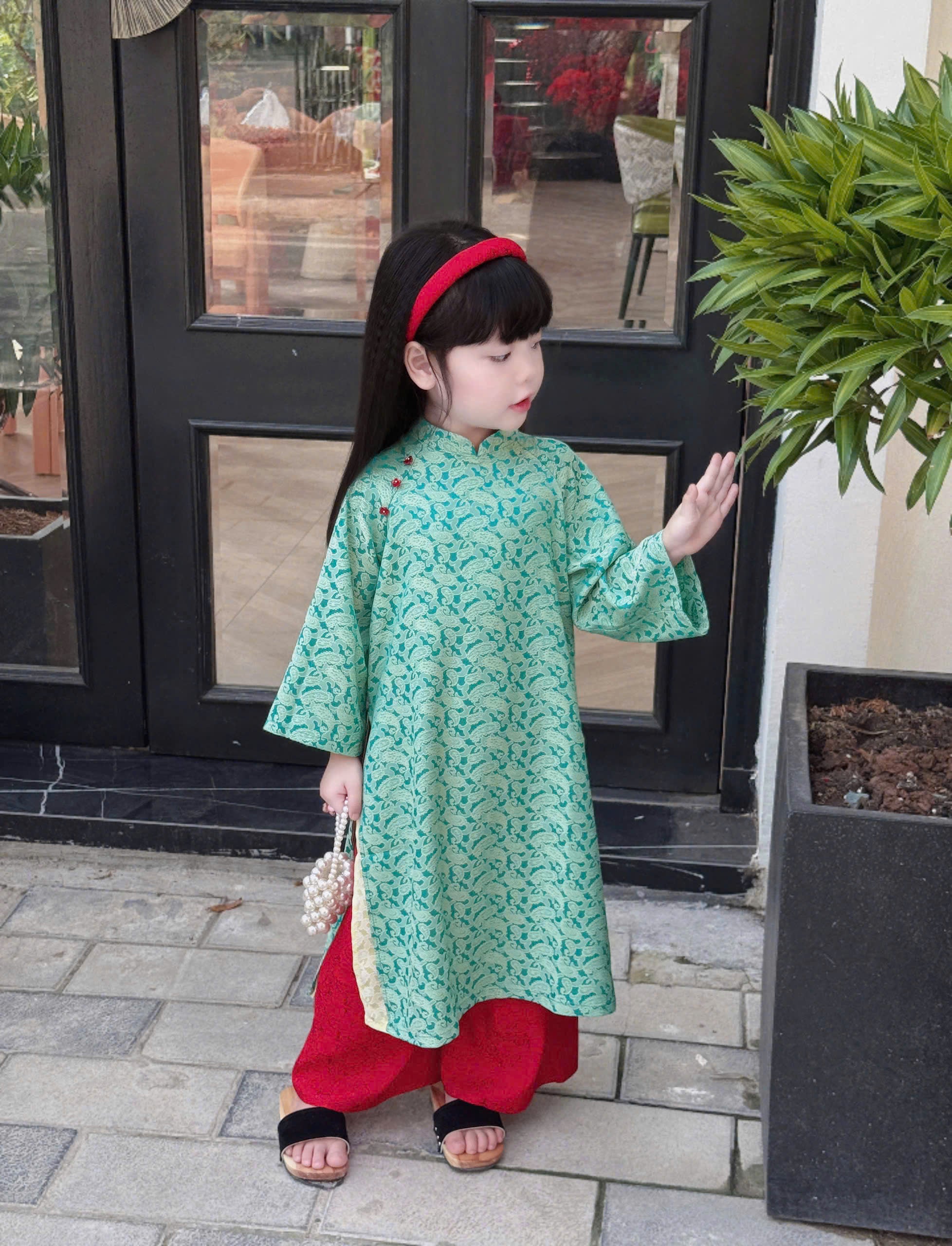 Imperial Bloom 4-Flap Áo Dài – Jade Ruby (6 Months–18 Months) | Silk Brocade Vietnamese Traditional Outfit | Lunar New Year Wear | Optional Matching Red Headband