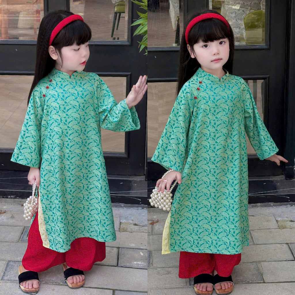 Imperial Bloom 4-Flap Áo Dài – Jade Ruby (6 Months–18 Months) | Silk Brocade Vietnamese Traditional Outfit | Lunar New Year Wear | Optional Matching Red Headband