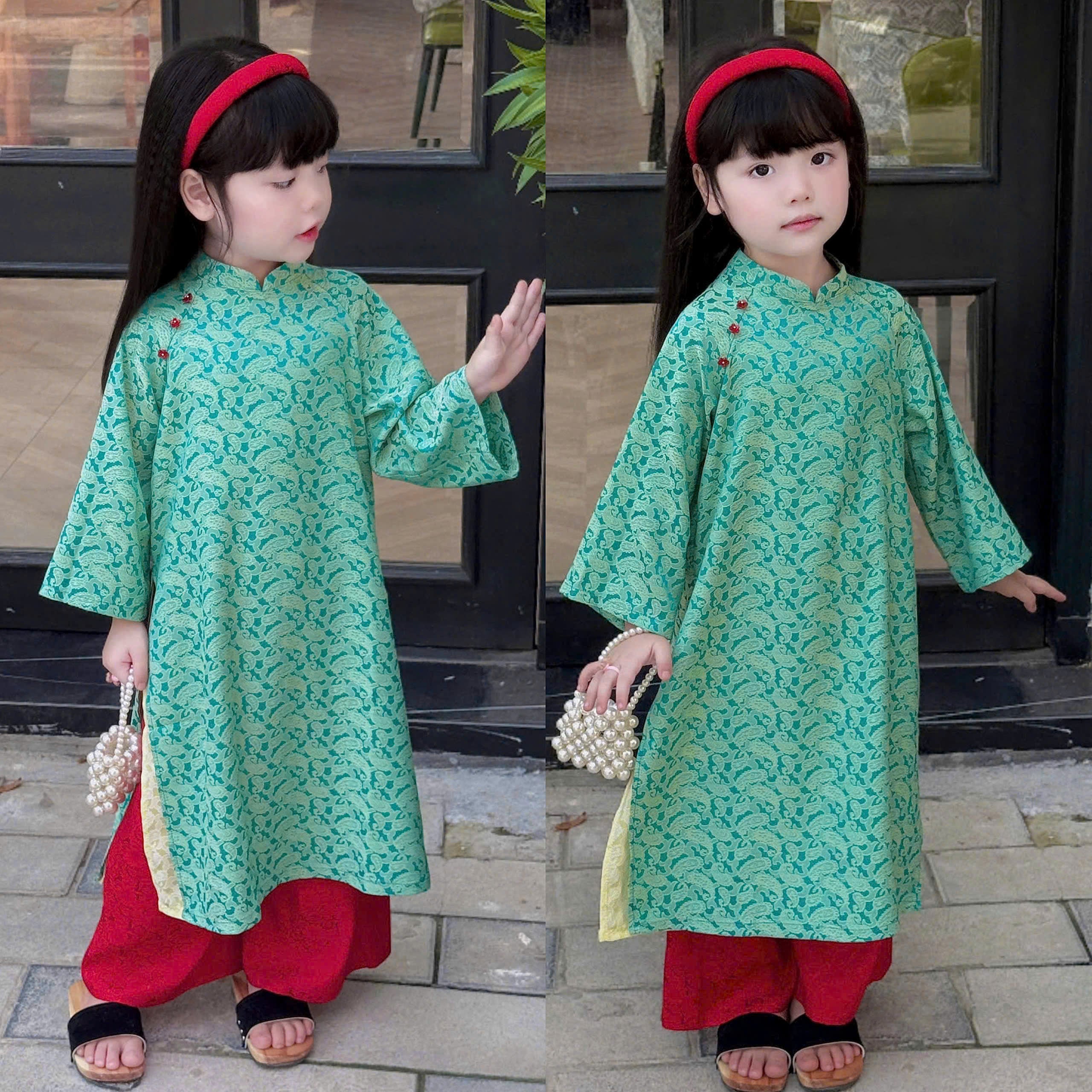 Imperial Bloom 4-Flap Áo Dài – Jade Ruby (6 Months–18 Months) | Silk Brocade Vietnamese Traditional Outfit | Lunar New Year Wear | Optional Matching Red Headband
