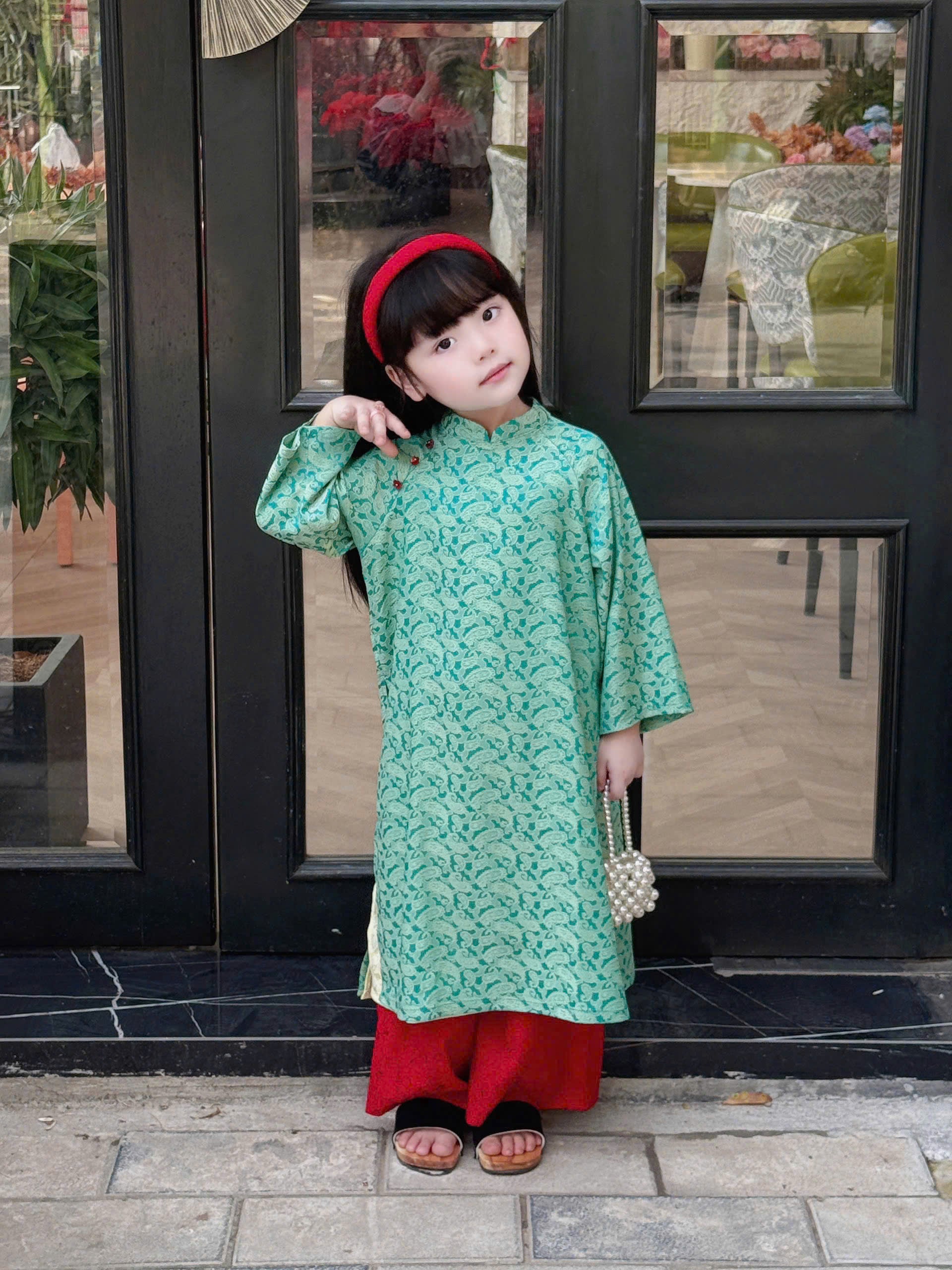Imperial Bloom 4-Flap Áo Dài – Jade Ruby (6 Months–18 Months) | Silk Brocade Vietnamese Traditional Outfit | Lunar New Year Wear | Optional Matching Red Headband