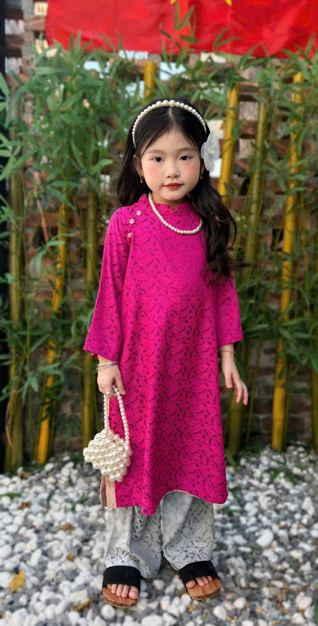 Imperial Bloom 4-Flap Áo Dài – Plum Jade (6 Months–7 Years) | Silk Brocade Vietnamese Traditional Outfit | Lunar New Year (Tết ) & Special Occasion Wear