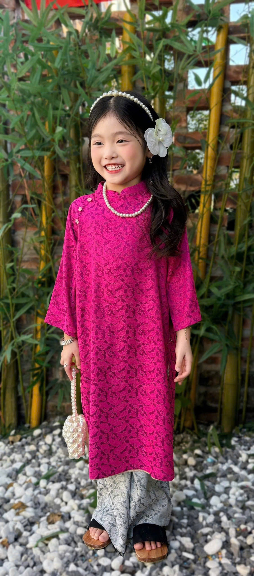 Imperial Bloom 4-Flap Áo Dài – Plum Jade (6 Months–7 Years) | Silk Brocade Vietnamese Traditional Outfit | Lunar New Year (Tết ) & Special Occasion Wear