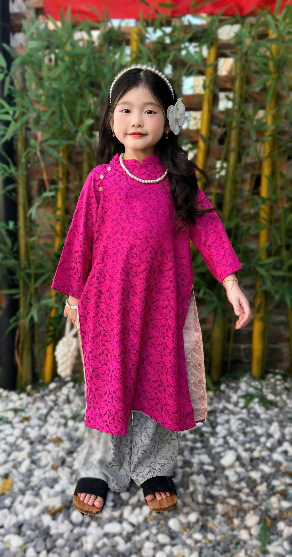 Imperial Bloom 4-Flap Áo Dài – Plum Jade (6 Months–7 Years) | Silk Brocade Vietnamese Traditional Outfit | Lunar New Year (Tết ) & Special Occasion Wear