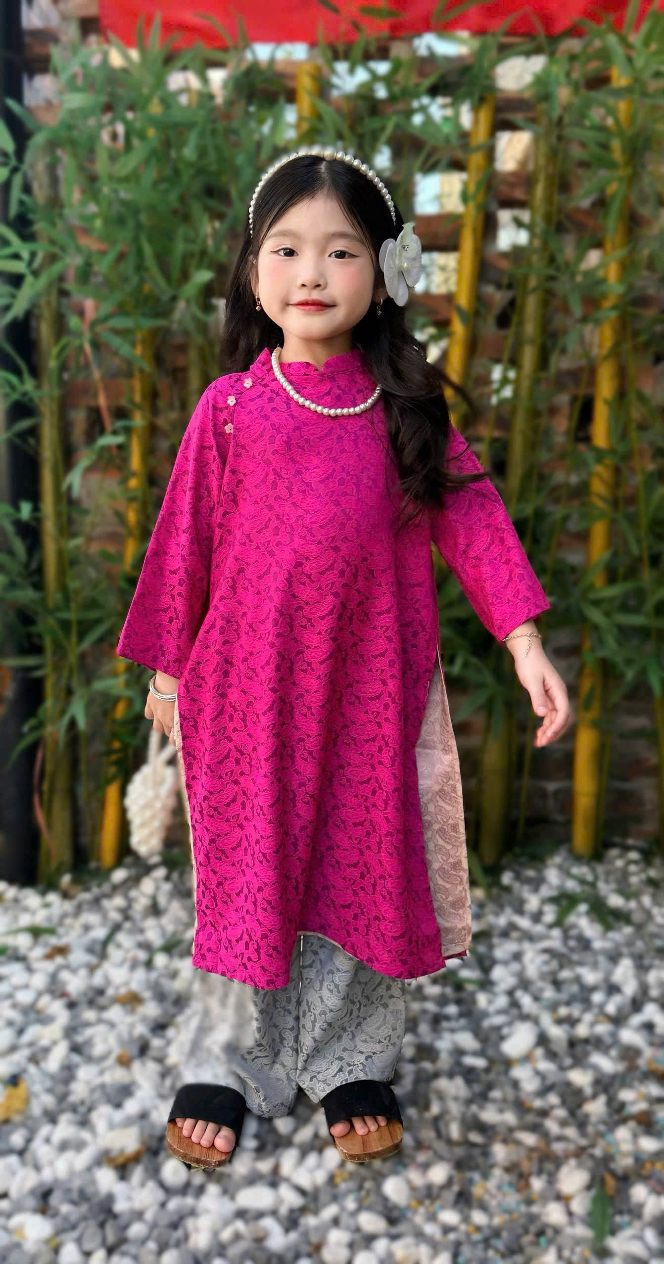 Imperial Bloom 4-Flap Áo Dài – Plum Jade (6 Months–7 Years) | Silk Brocade Vietnamese Traditional Outfit | Lunar New Year (Tết ) & Special Occasion Wear