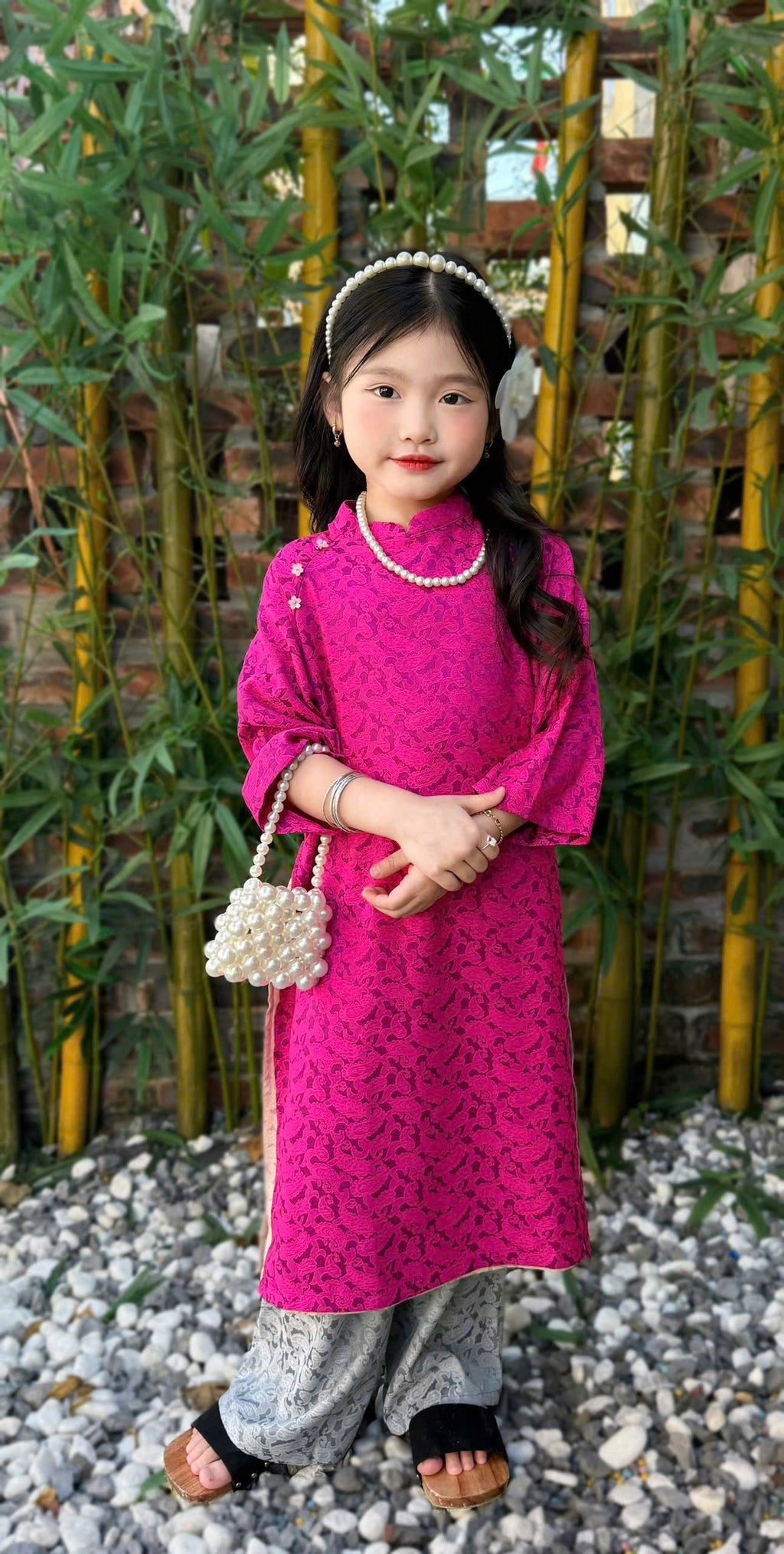 Imperial Bloom 4-Flap Áo Dài – Plum Jade (6 Months–7 Years) | Silk Brocade Vietnamese Traditional Outfit | Lunar New Year (Tết ) & Special Occasion Wear