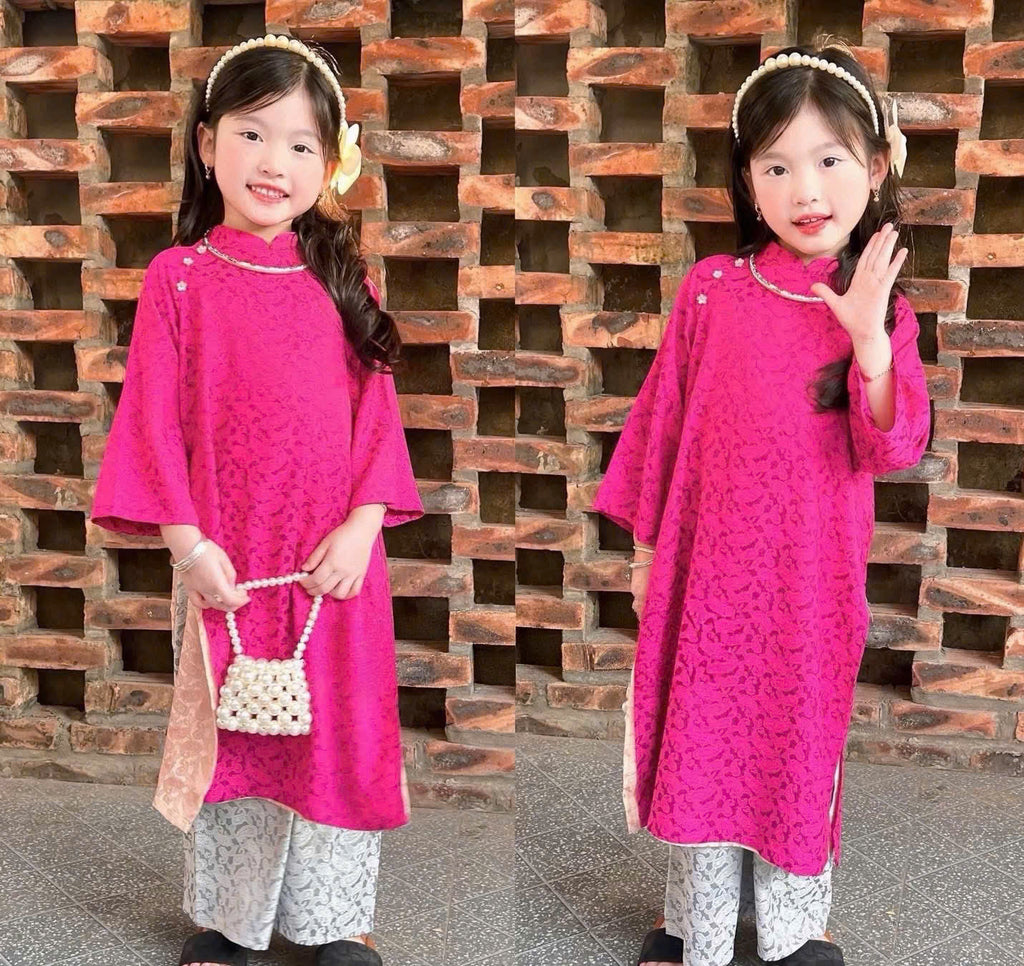 Imperial Bloom 4-Flap Áo Dài – Plum Jade (6 Months–7 Years) | Silk Brocade Vietnamese Traditional Outfit | Lunar New Year (Tết ) & Special Occasion Wear