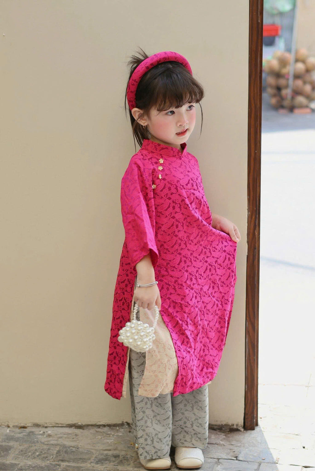 Imperial Bloom 4-Flap Áo Dài – Plum Jade (6 Months–7 Years) | Silk Brocade Vietnamese Traditional Outfit | Lunar New Year (Tết ) & Special Occasion Wear