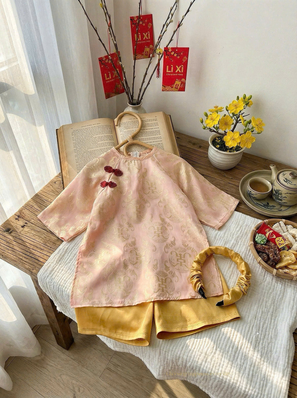 Spring Heritage Áo Dài – Brocade Charm (1-10years) | Jacquard Vietnamese Traditional Outfit | Tết, Moon Festival & Special Occasion Wear | Optional Matching Golden Yellow Headband