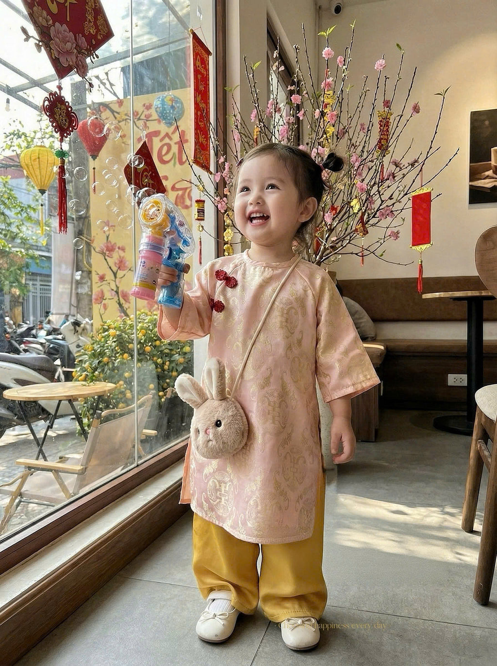 Spring Heritage Áo Dài – Brocade Charm (1-10years) | Jacquard Vietnamese Traditional Outfit | Tết, Moon Festival & Special Occasion Wear | Optional Matching Golden Yellow Headband