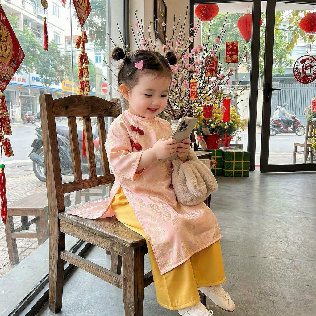 Spring Heritage Áo Dài – Brocade Charm (1-10years) | Jacquard Vietnamese Traditional Outfit | Tết, Moon Festival & Special Occasion Wear | Optional Matching Golden Yellow Headband