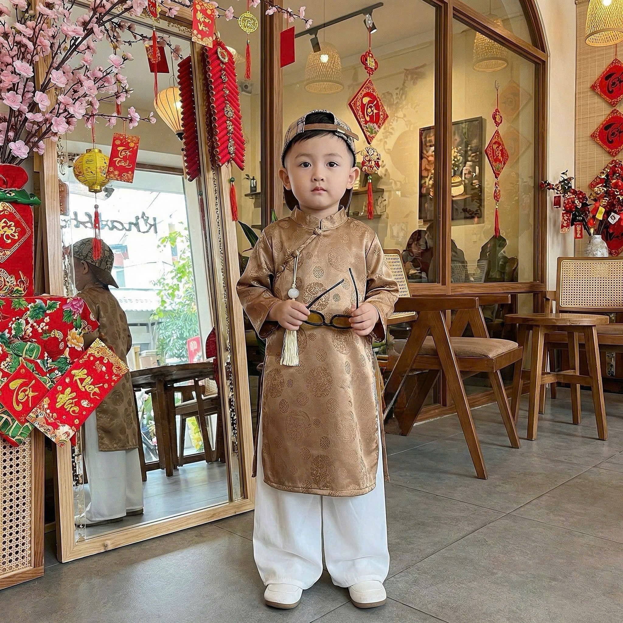 Champagne Brocade Áo Dài & Matching Khăn Đóng (1–7 Years) | Traditional Vietnamese Outfit for Boys | Tết & Special Occasion Wear