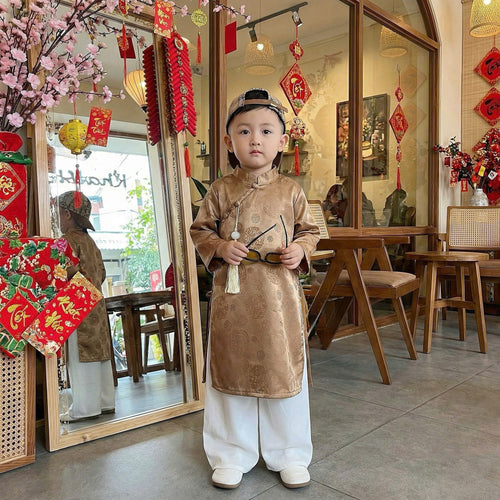 Champagne Brocade Áo Dài & Matching Khăn Đóng (1–7 Years) | Traditional Vietnamese Outfit for Boys | Tết & Special Occasion Wear