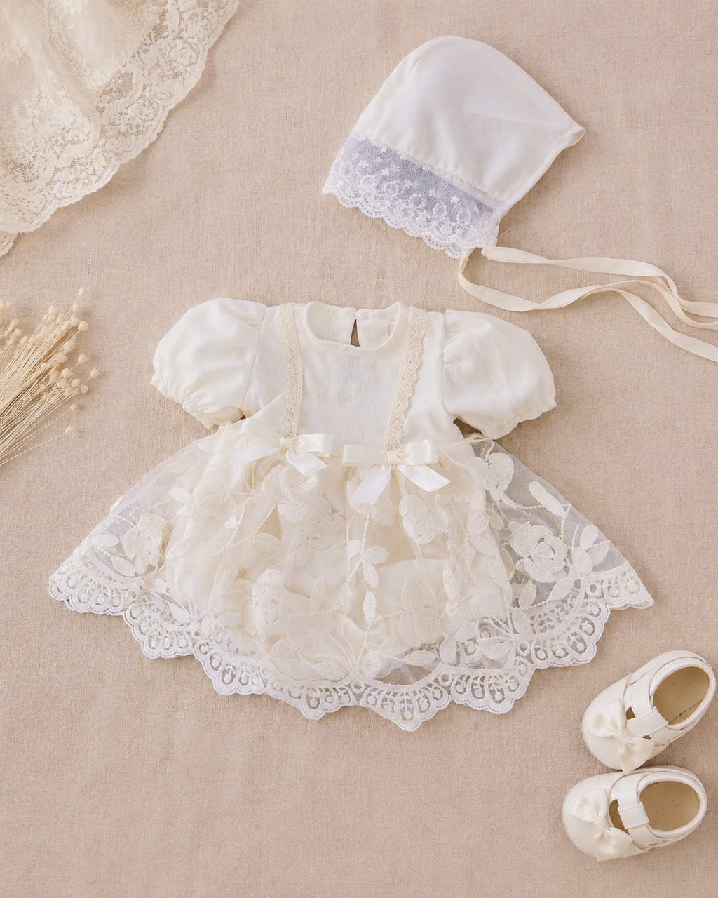 Ivory Blossom Romper Dress NB–12M | Lace Baby Dress | Christening, Birthday & Photoshoot Outfit