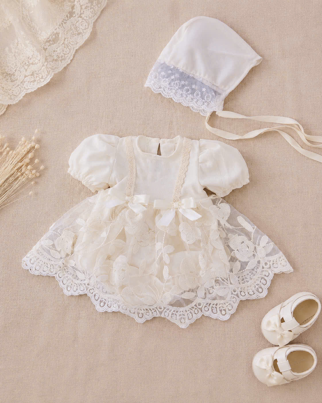 Ivory Blossom Romper Dress NB–12M | Lace Baby Dress | Christening, Birthday & Photoshoot Outfit