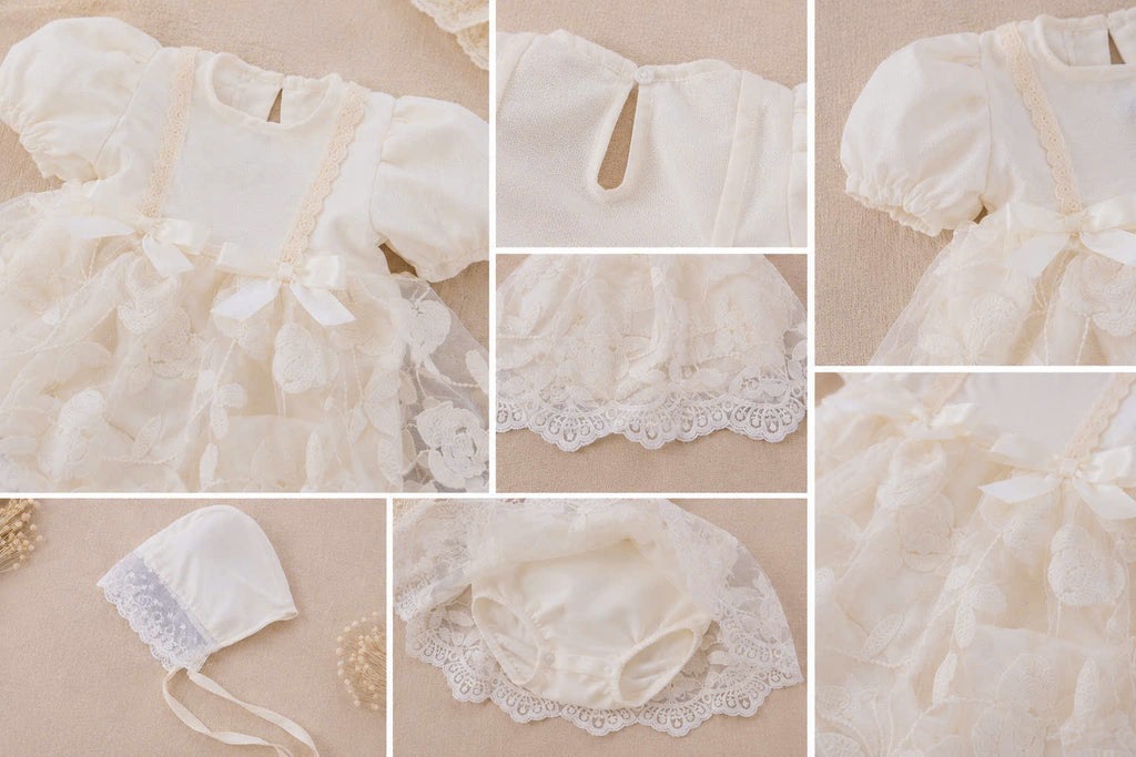 Ivory Blossom Romper Dress NB–12M | Lace Baby Dress | Christening, Birthday & Photoshoot Outfit