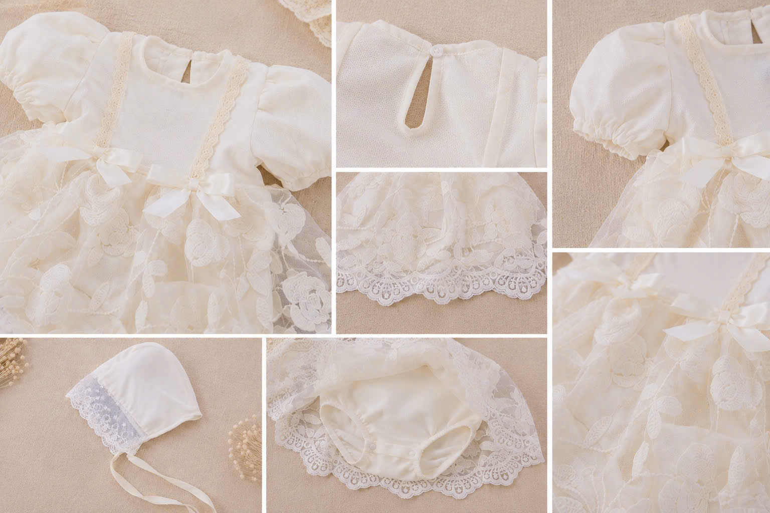 Ivory Blossom Romper Dress NB–12M | Lace Baby Dress | Christening, Birthday & Photoshoot Outfit