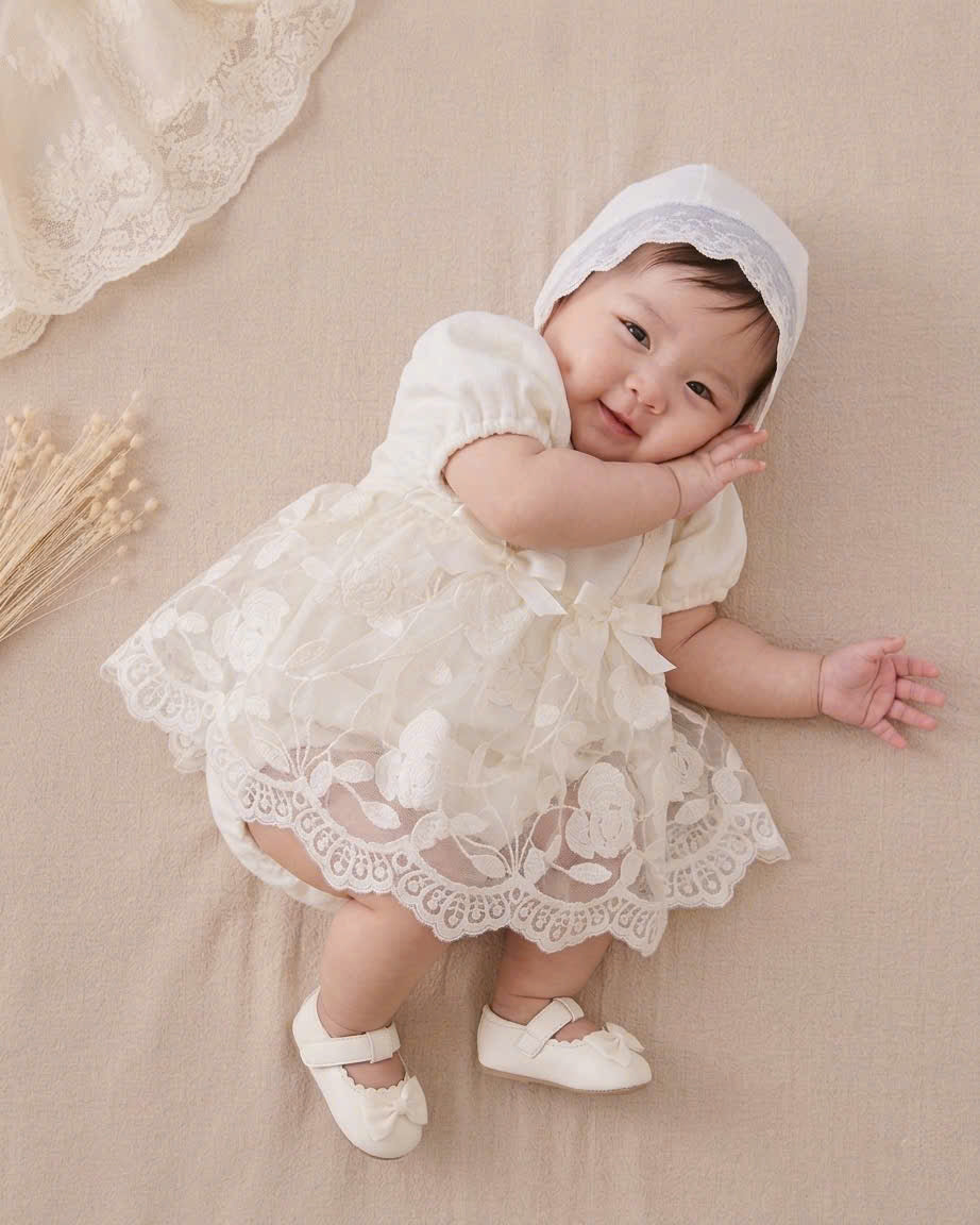 Ivory Blossom Romper Dress NB–12M | Lace Baby Dress | Christening, Birthday & Photoshoot Outfit