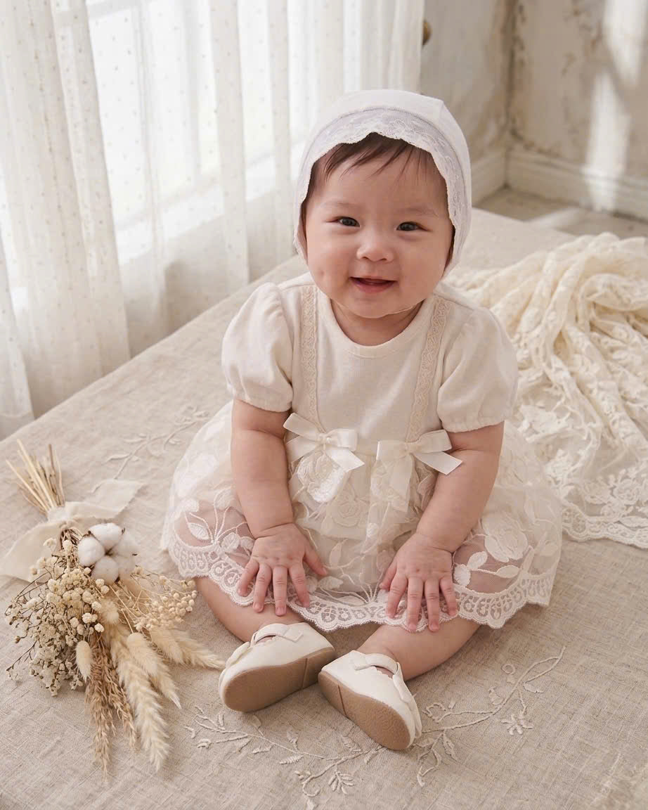 Ivory Blossom Romper Dress NB–12M | Lace Baby Dress | Christening, Birthday & Photoshoot Outfit