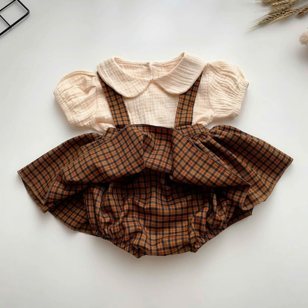 Classic Charm Romper Dress Set Newborn–3Months | Cotton Muslin Baby Outfit | Collar Top & Suspender Romper Dress