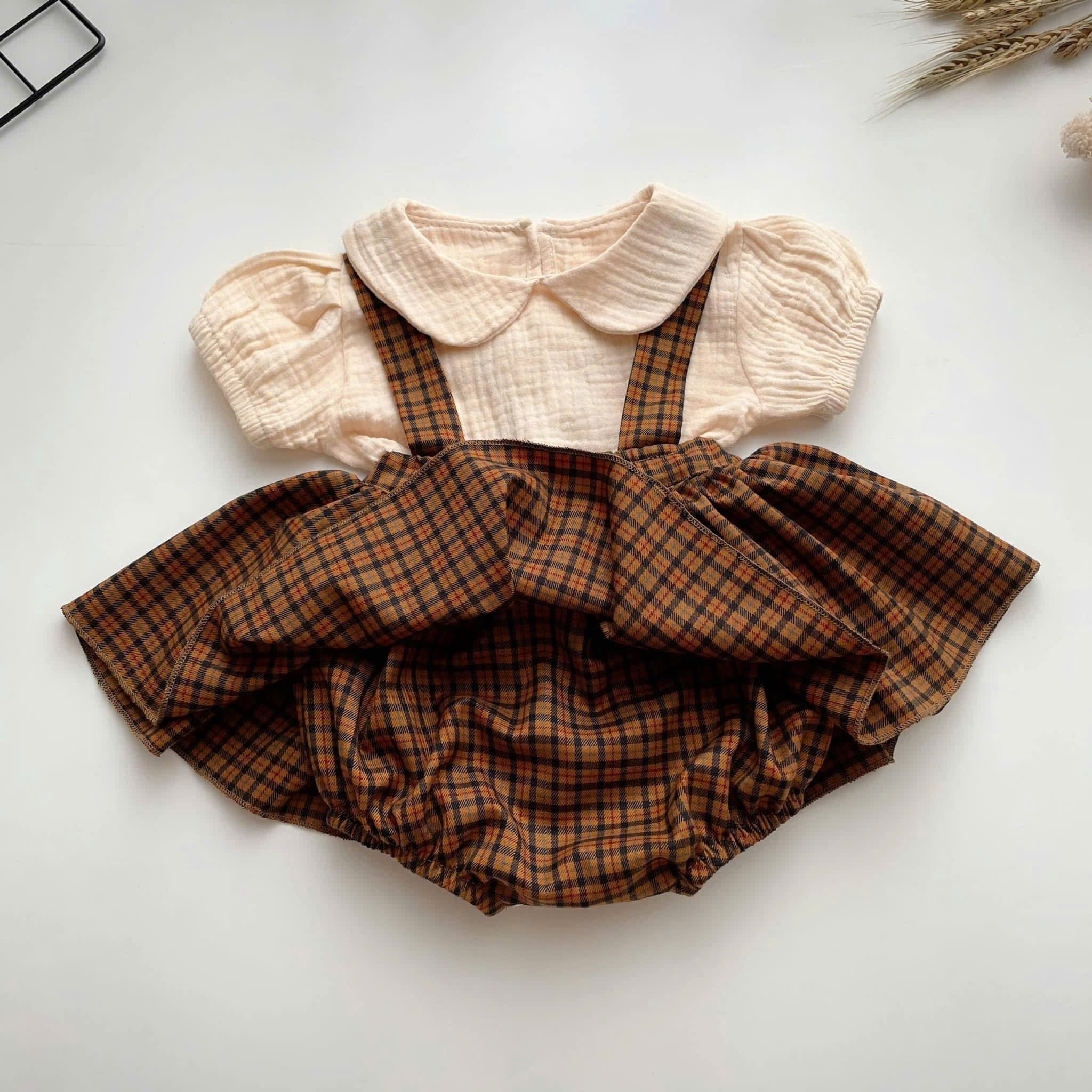 Classic Charm Romper Dress Set Newborn–3Months | Cotton Muslin Baby Outfit | Collar Top & Suspender Romper Dress