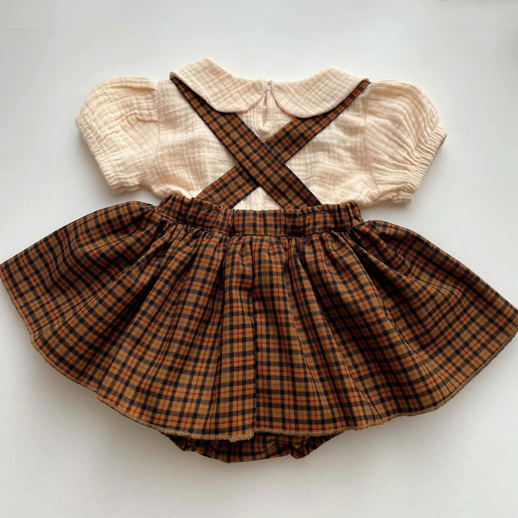 Classic Charm Romper Dress Set Newborn–3Months | Cotton Muslin Baby Outfit | Collar Top & Suspender Romper Dress
