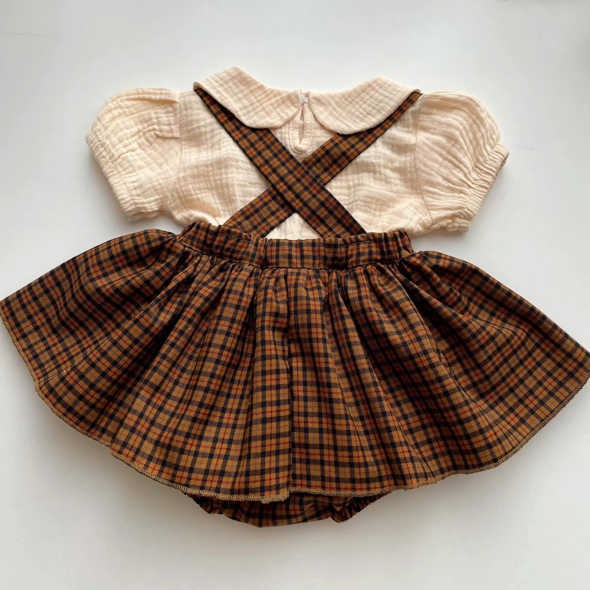 Classic Charm Romper Dress Set Newborn–3Months | Cotton Muslin Baby Outfit | Collar Top & Suspender Romper Dress