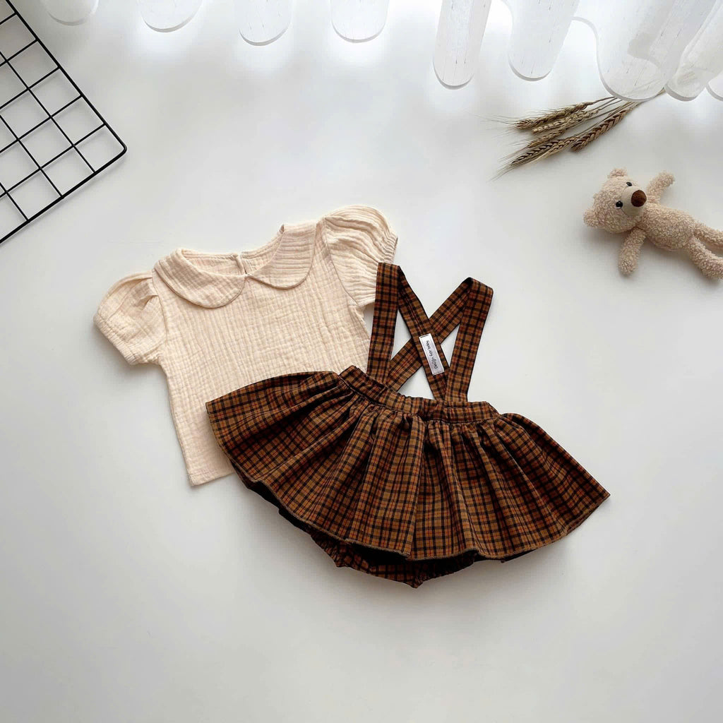 Classic Charm Romper Dress Set Newborn–3Months | Cotton Muslin Baby Outfit | Collar Top & Suspender Romper Dress