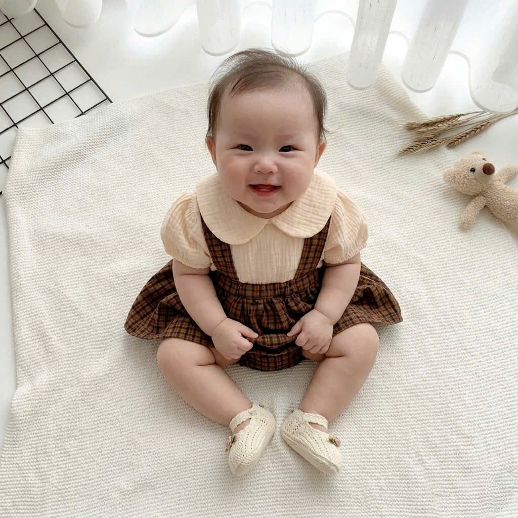 Classic Charm Romper Dress Set Newborn–3Months | Cotton Muslin Baby Outfit | Collar Top & Suspender Romper Dress