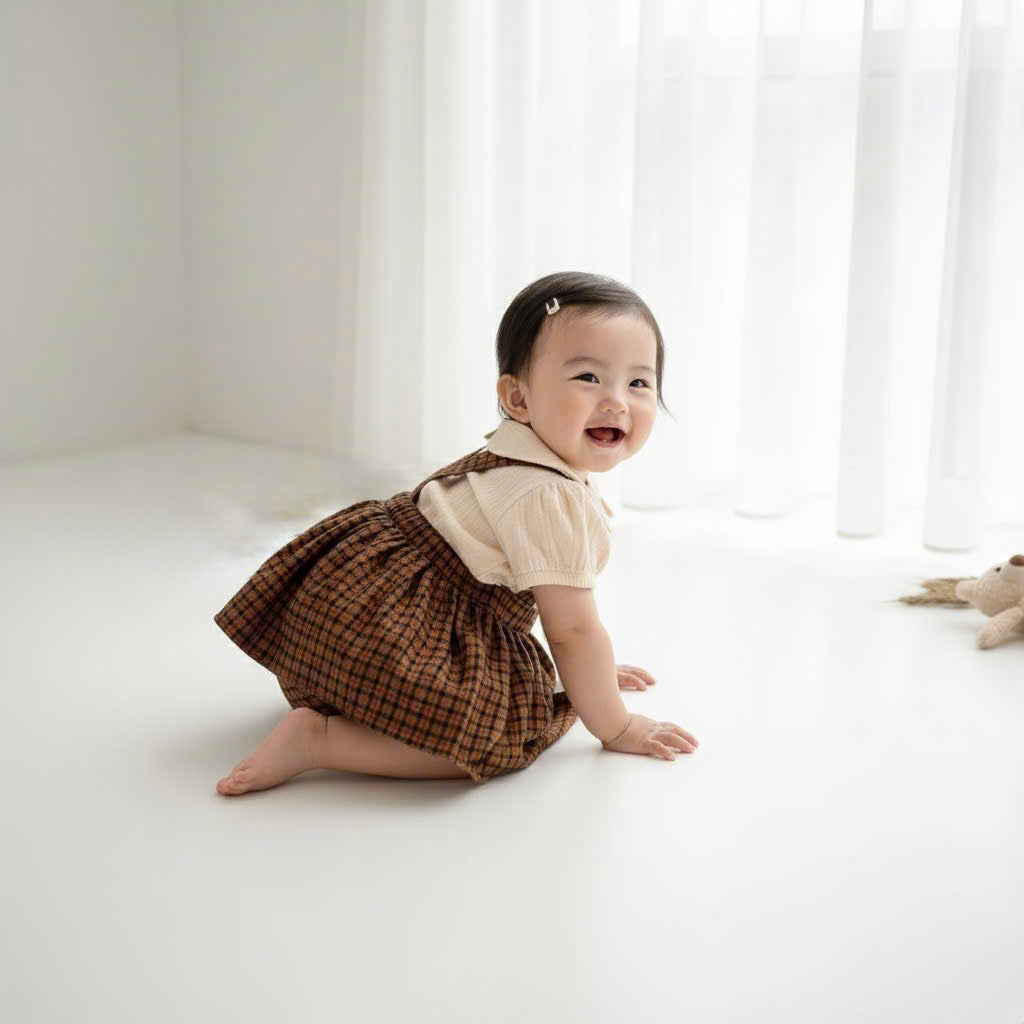 Classic Charm Romper Dress Set Newborn–3Months | Cotton Muslin Baby Outfit | Collar Top & Suspender Romper Dress