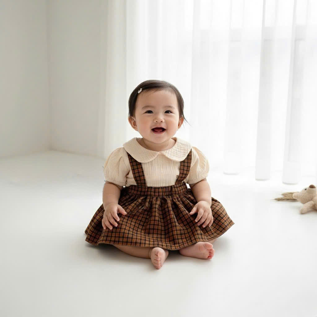 Classic Charm Romper Dress Set Newborn–3Months | Cotton Muslin Baby Outfit | Collar Top & Suspender Romper Dress