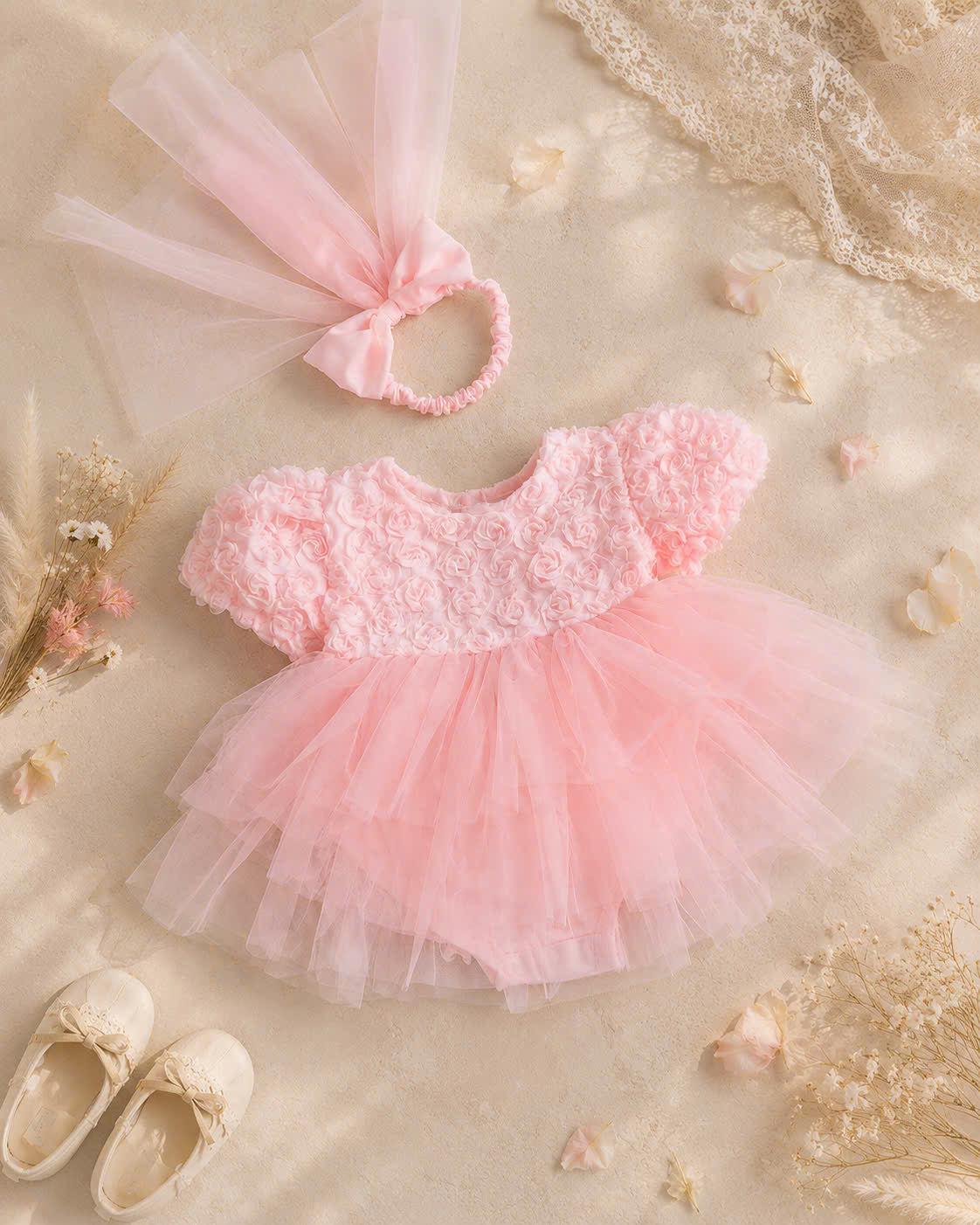 Pink Rosette Lolita Romper Dress Newborn–12Months | Baby Party & Photoshoot Outfit | Princess Special Occasion Wear