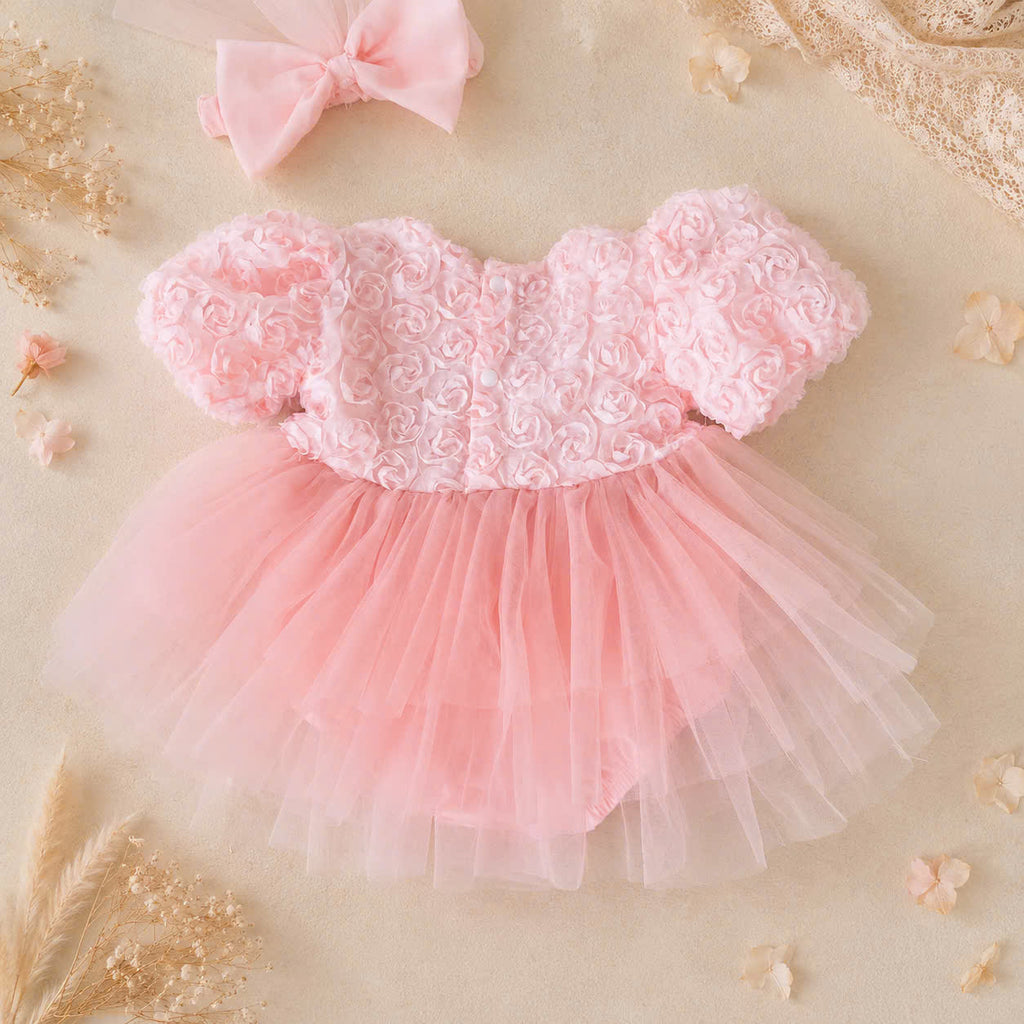 Pink Rosette Lolita Romper Dress Newborn–12Months | Baby Party & Photoshoot Outfit | Princess Special Occasion Wear