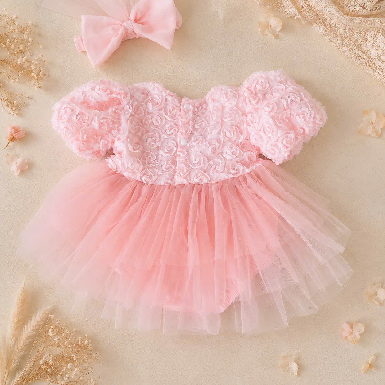 Pink Rosette Lolita Romper Dress Newborn–12Months | Baby Party & Photoshoot Outfit | Princess Special Occasion Wear