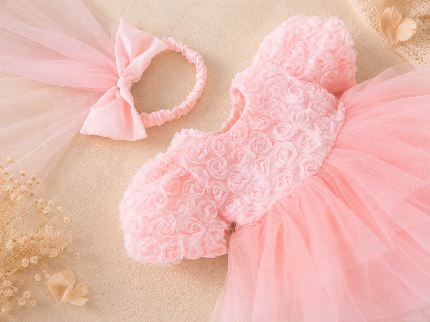 Pink Rosette Lolita Romper Dress Newborn–12Months | Baby Party & Photoshoot Outfit | Princess Special Occasion Wear
