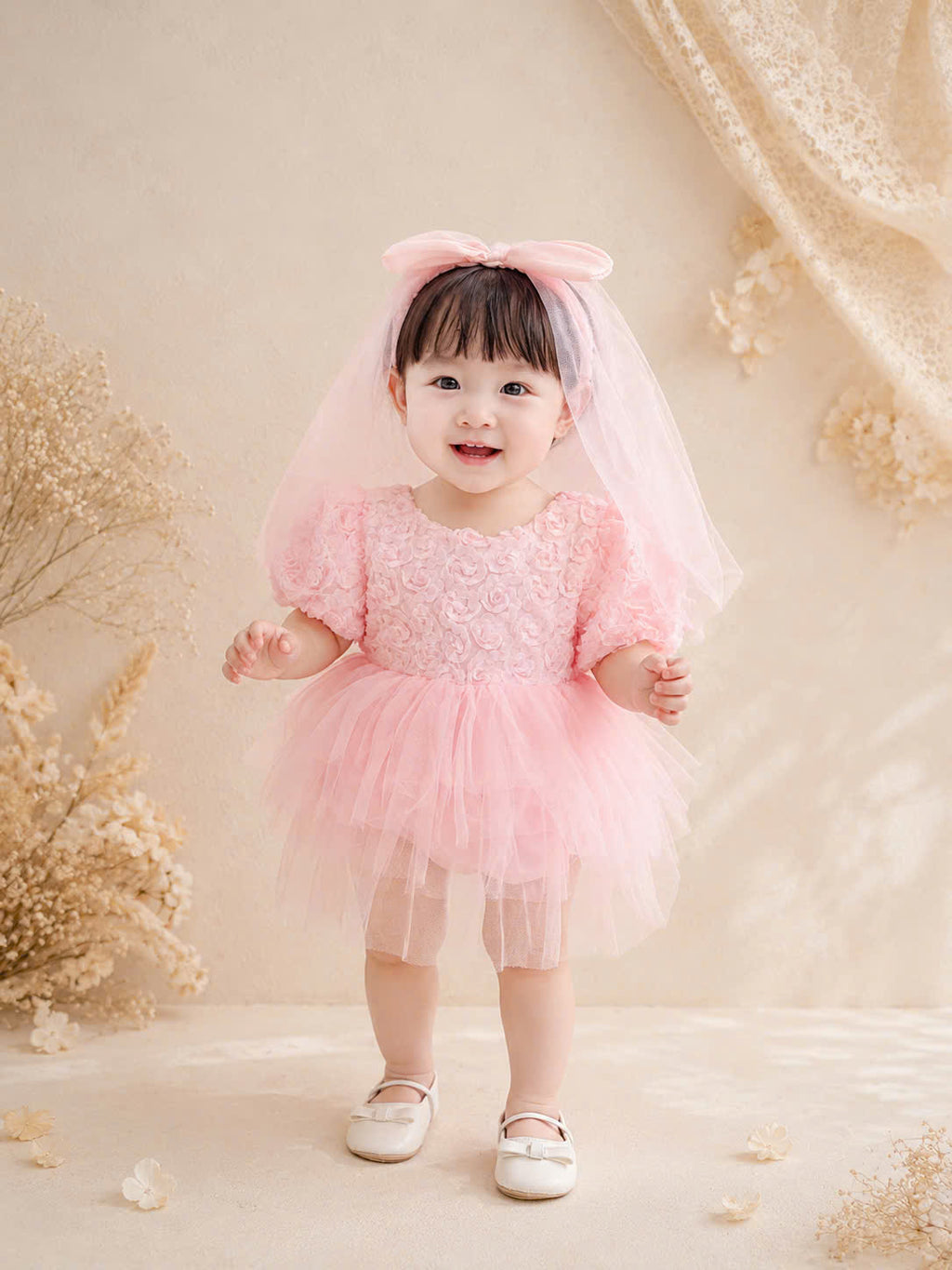 Pink Rosette Lolita Romper Dress Newborn–12Months | Baby Party & Photoshoot Outfit | Princess Special Occasion Wear
