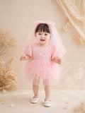 Pink Rosette Lolita Romper Dress Newborn–12Months | Baby Party & Photoshoot Outfit | Princess Special Occasion Wear