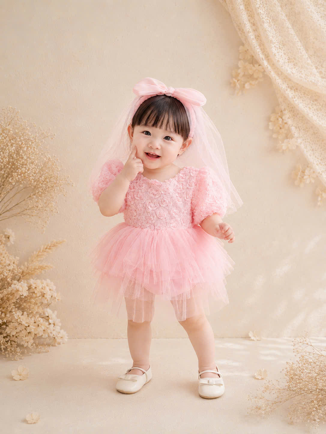 Pink Rosette Lolita Romper Dress Newborn–12Months | Baby Party & Photoshoot Outfit | Princess Special Occasion Wear