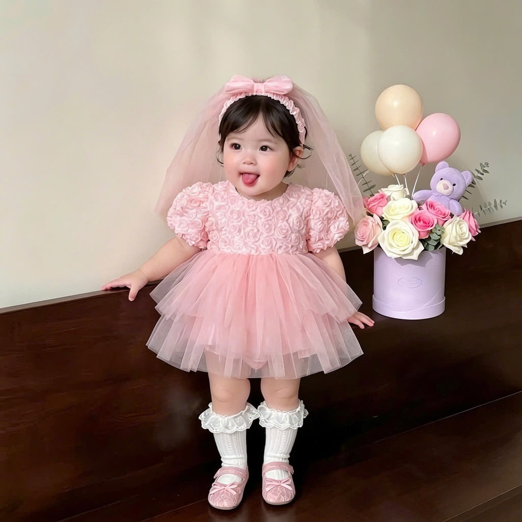 Pink Rosette Lolita Romper Dress Newborn–12Months | Baby Party & Photoshoot Outfit | Princess Special Occasion Wear