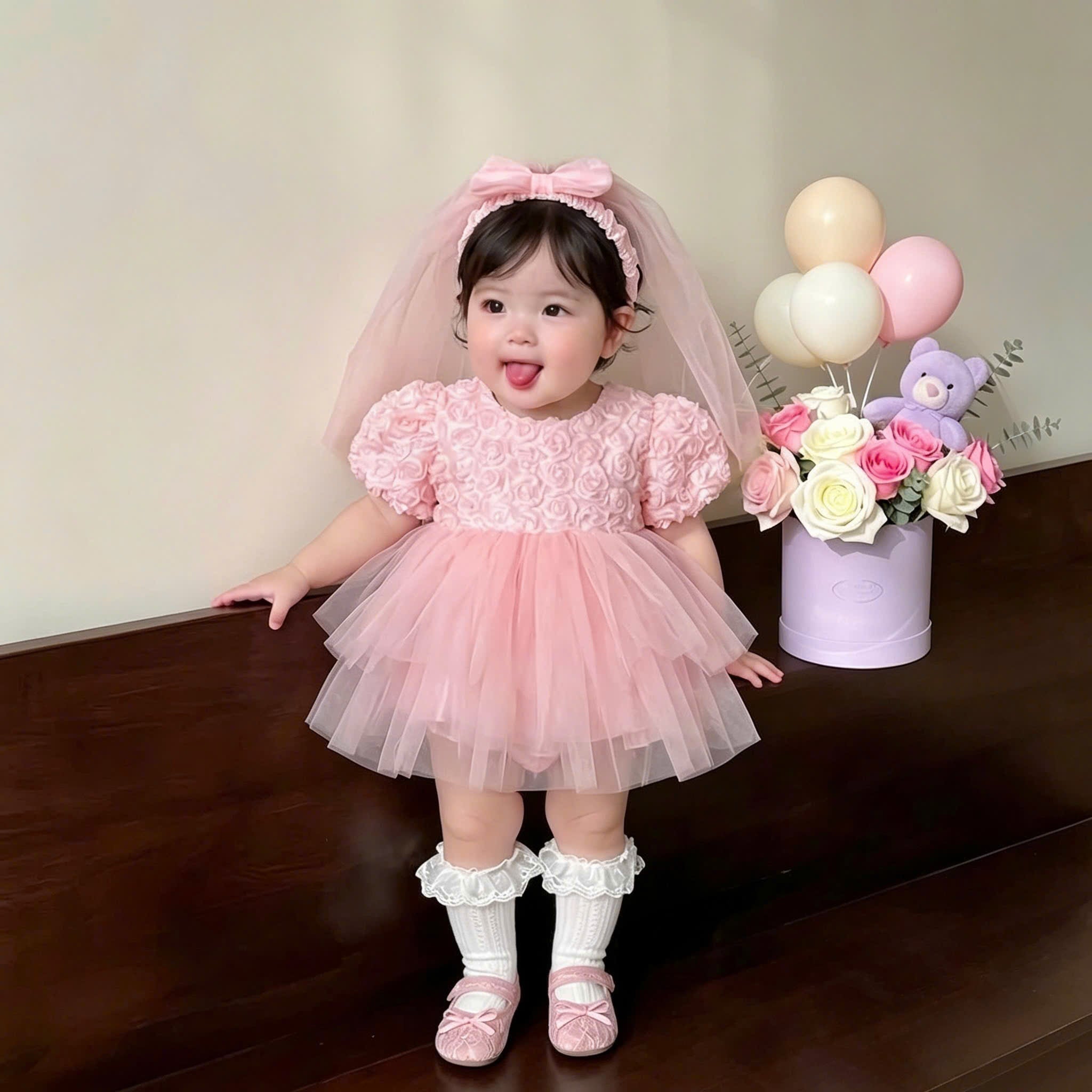 Pink Rosette Lolita Romper Dress Newborn–12Months | Baby Party & Photoshoot Outfit | Princess Special Occasion Wear