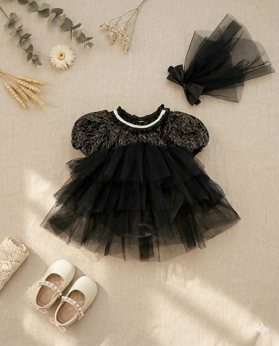Midnight Rosette Lolita Romper Dress Newborn–12Months | Gothic Baby Party & Photoshoot Outfit | Special Occasion Wear