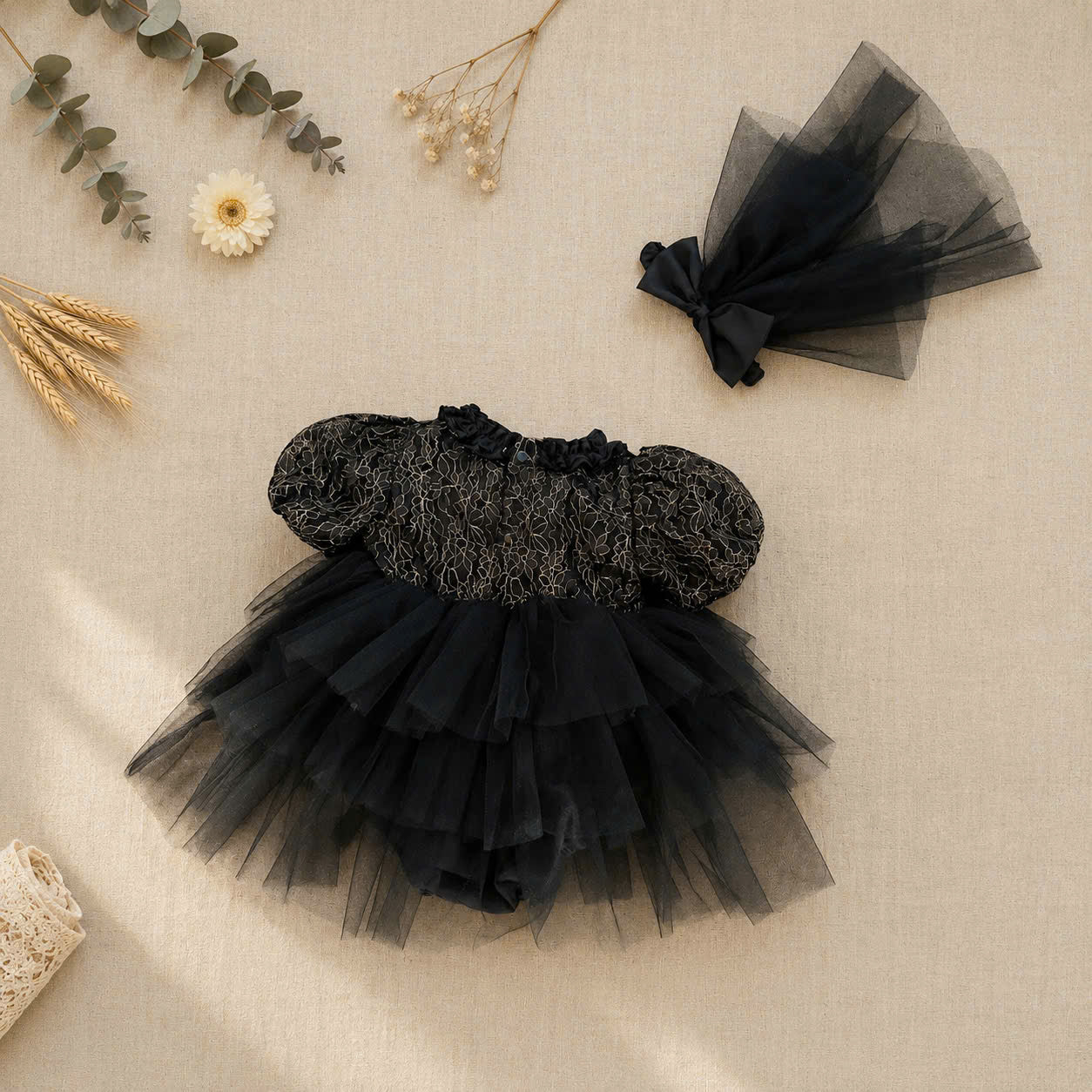 Midnight Rosette Lolita Romper Dress Newborn–12Months | Gothic Baby Party & Photoshoot Outfit | Special Occasion Wear