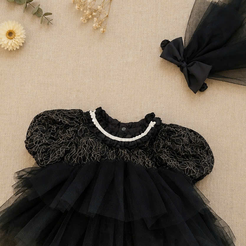Midnight Rosette Lolita Romper Dress Newborn–12Months | Gothic Baby Party & Photoshoot Outfit | Special Occasion Wear