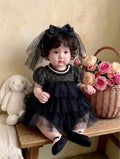 Midnight Rosette Lolita Romper Dress Newborn–12Months | Gothic Baby Party & Photoshoot Outfit | Special Occasion Wear