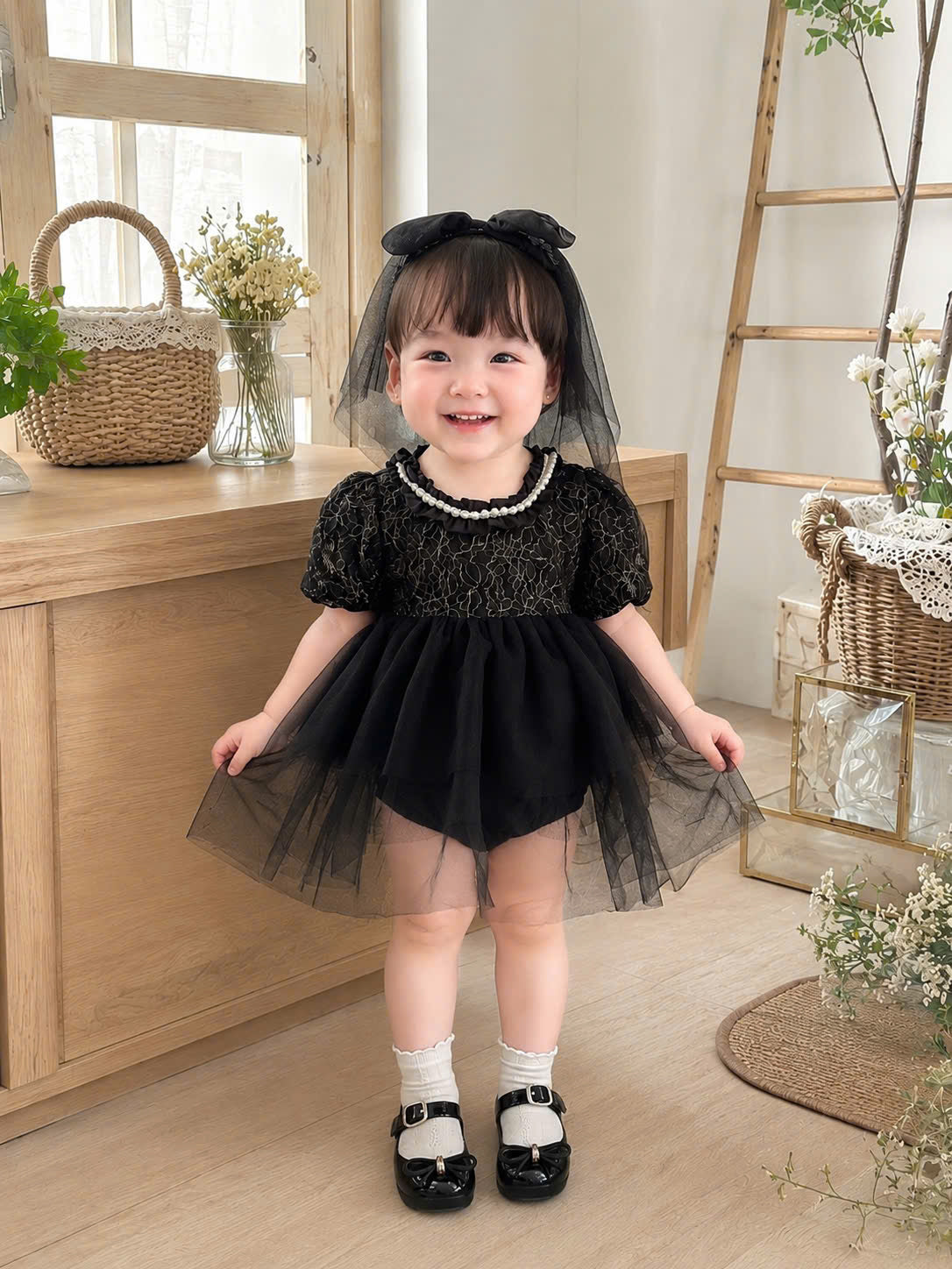 Midnight Rosette Lolita Romper Dress Newborn–12Months | Gothic Baby Party & Photoshoot Outfit | Special Occasion Wear