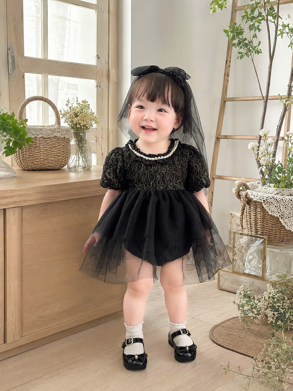 Midnight Rosette Lolita Romper Dress Newborn–12Months | Gothic Baby Party & Photoshoot Outfit | Special Occasion Wear