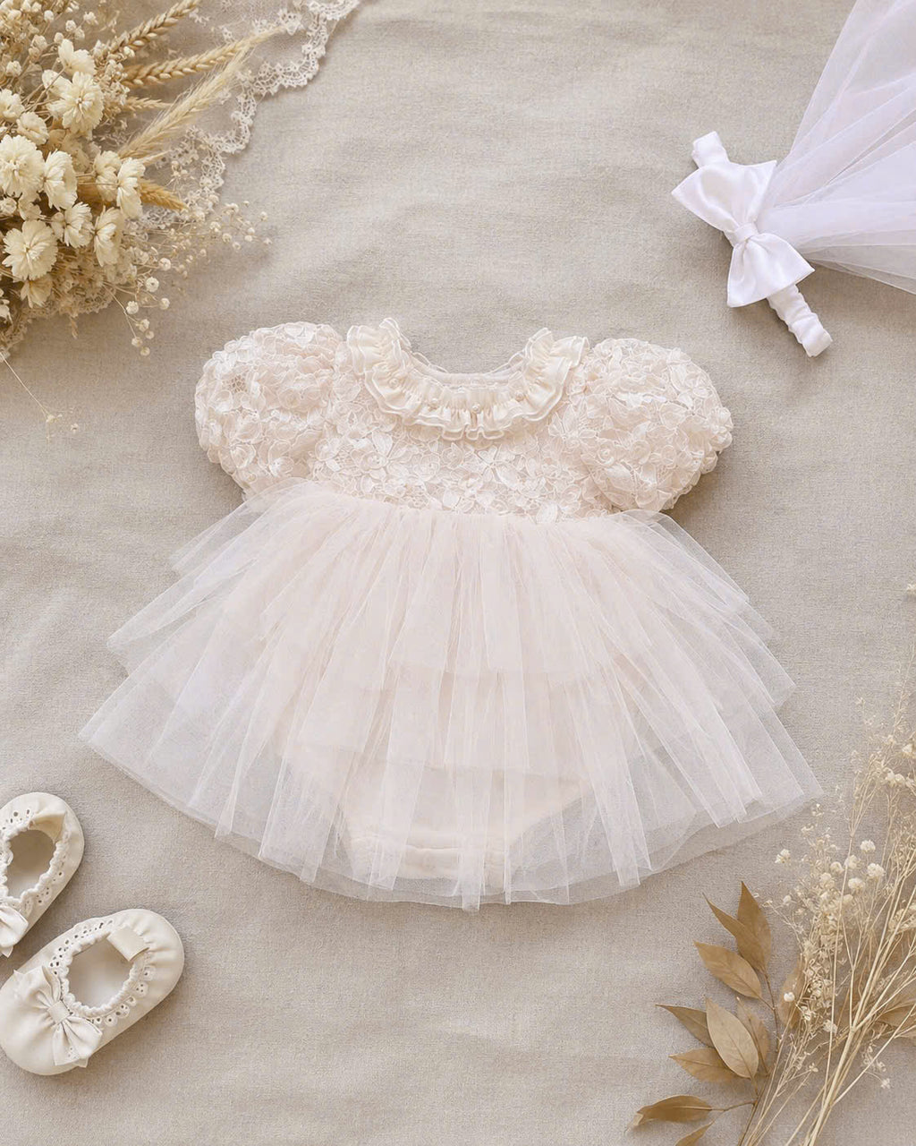 Ivory Rosette Lolita Romper Dress Newborn–12Months | Baby Party, Christening & Photoshoot Outfit | Special Occasion Wear