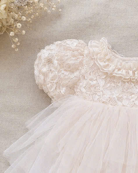 Ivory Rosette Lolita Romper Dress Newborn–12Months | Baby Party, Christening & Photoshoot Outfit | Special Occasion Wear