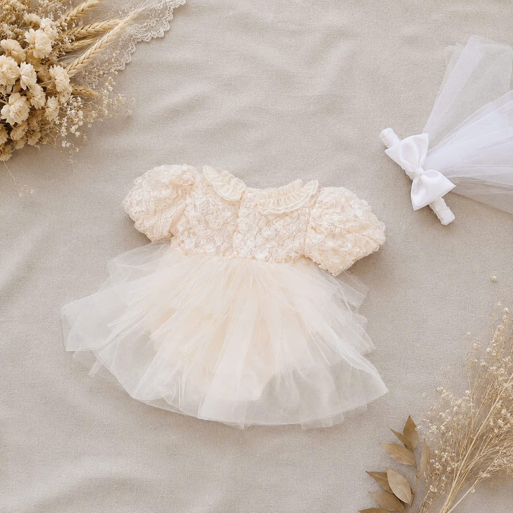 Ivory Rosette Lolita Romper Dress Newborn–12Months | Baby Party, Christening & Photoshoot Outfit | Special Occasion Wear