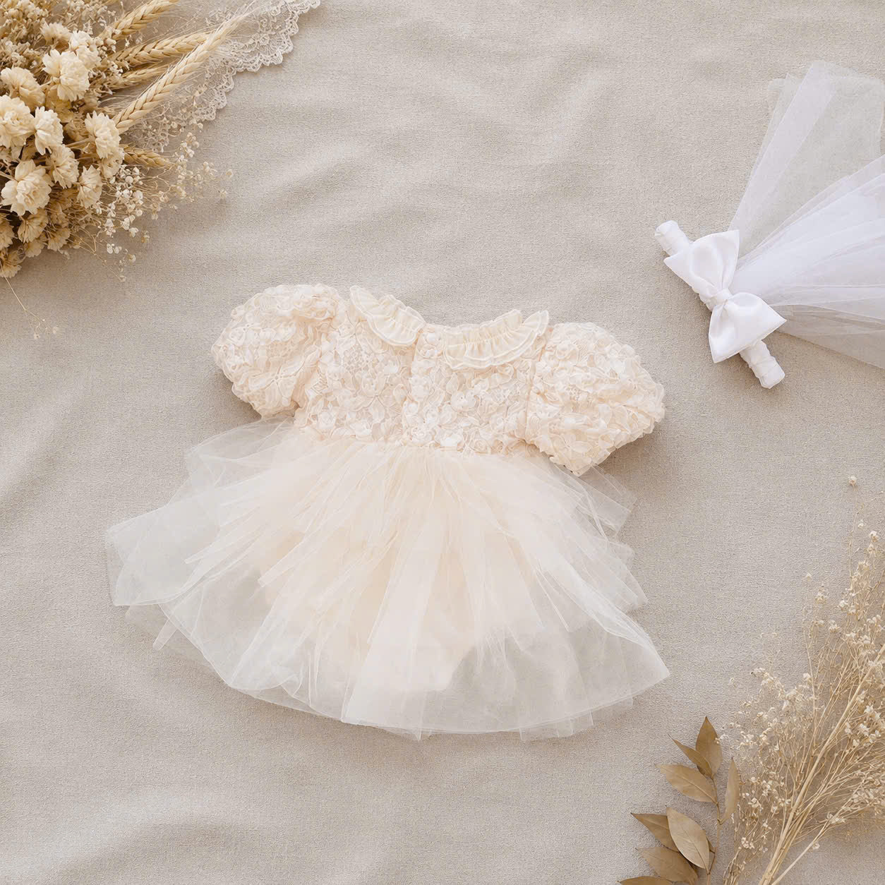 Ivory Rosette Lolita Romper Dress Newborn–12Months | Baby Party, Christening & Photoshoot Outfit | Special Occasion Wear